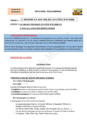 5ème G1 Le milieu physique en Côte dIvoire et linstallation des populations