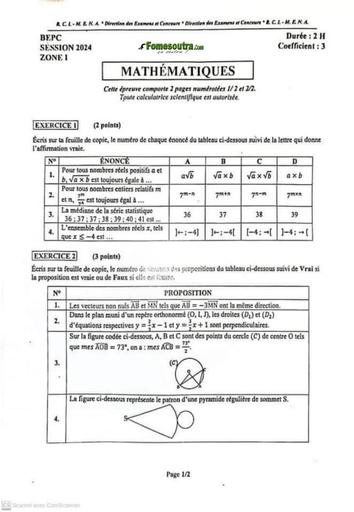 SUJET BEPC 2024 MATHEMATIQUES Zone 1 by Tehua