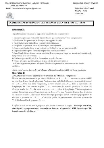 BEPC BLANC INTERNE 2025 SUJET d'SVT NOTRE DAME DES LAGUNES YOPOUGON BY TEHUA