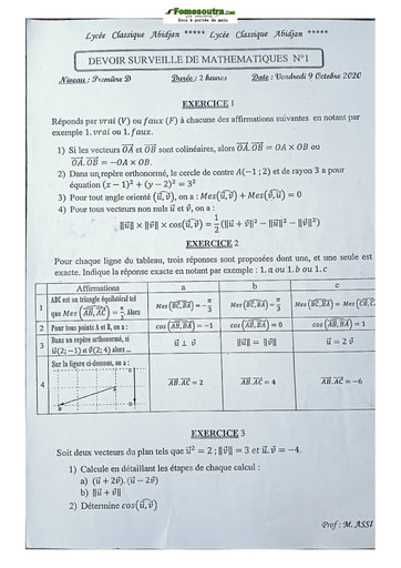 Sujet de Mathématique Première D 2020-2021