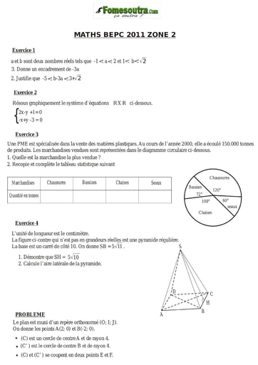 Sujet de mathématique BEPC 2011 Zone 2