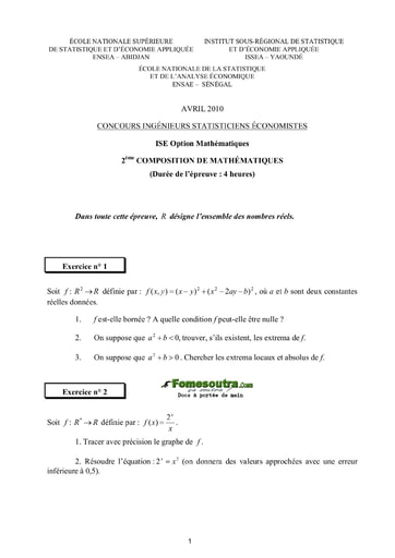 Sujet 2ème épreuve de maths ISE option maths 2010 (ENSEA - ISSEA - ENSAE)