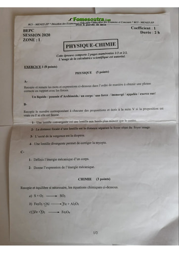 Sujet de Physique Chimie BEPC 2020 zone 1