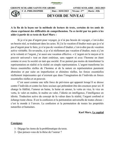 Sujets de Philosophie niveau Première D Collège Sainte Foi  2023