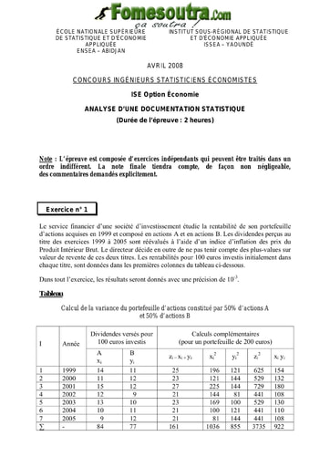 Sujet Analyse d'une documentation statistique ISE option économie 2008 (ENSEA - ISSEA)