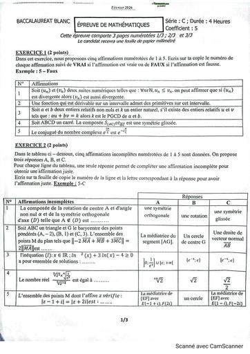 BAC BLANC 2026 DRENA YAMOUSSOUKRO MATHS SERIE C (SUJET) by TEHUA