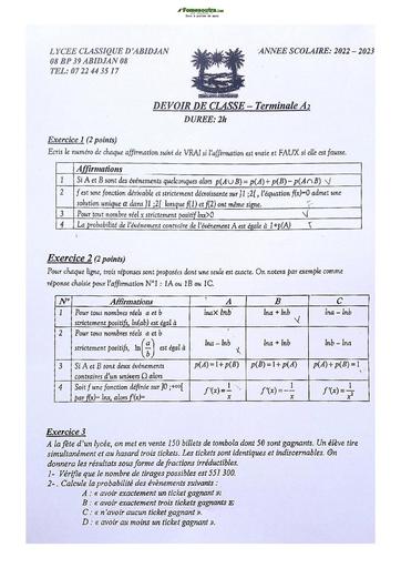 Sujet Prépas Mathématiques Lycée Classique Abidjan Terminale A 2023