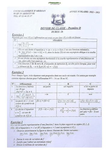 Sujet de Mathématique Première D Lycée Classique Abidjan 2022-2023