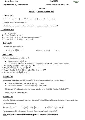 Serie N°1 Analyse 1 L1 MI BY TEHUA