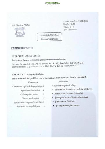 Devoir Histoire-Géographie Terminale D Lycée Classique Abidjan 2021-2022