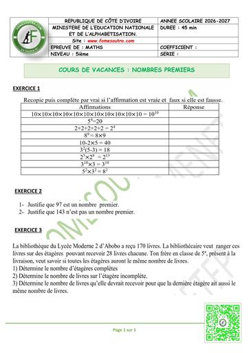 FICHE 3 MATHS 5ième L1 NOMBRES PREMIERS by TEHUA