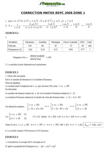 Corrigé de mathématique BEPC 2008 Zone 1