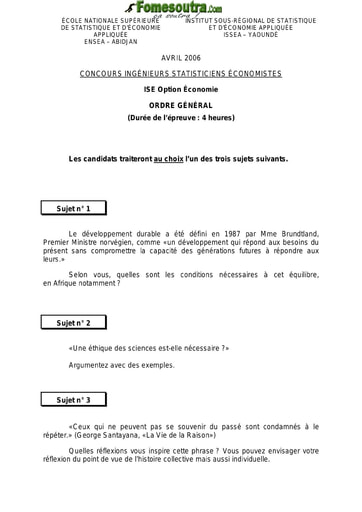 Sujet d'ordre générale ISE option Economie 2006 (ENSEA - ISSEA)