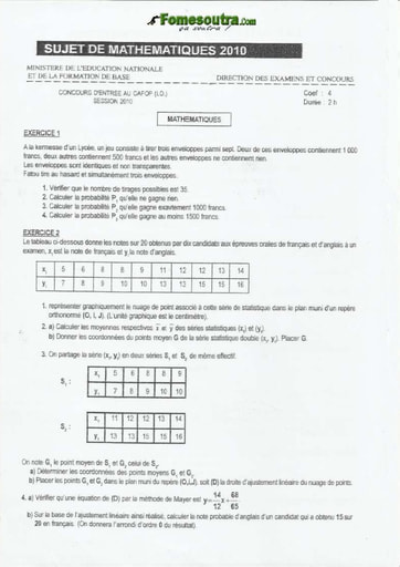 Sujet de Maths CAFOP 2010