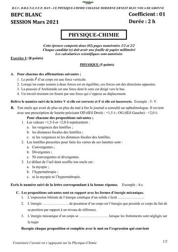 BEPC BLANC 2021 SUJET DE PC COLLEGE MODERNE ERNEST BLEU VOUA DE GBONNE BY TEHUA