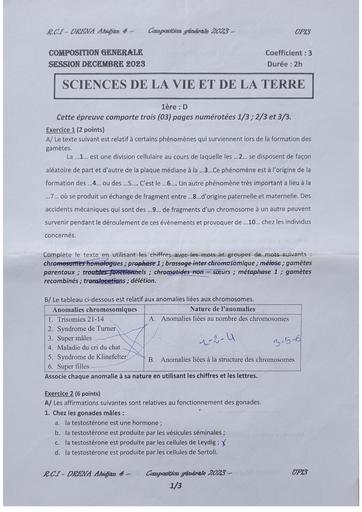 Partielle SVT 1iere D 2023 by Tehua
