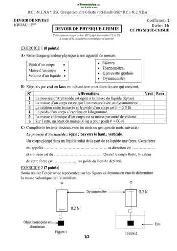 Devoir de Physique-Chimie Niveau 3ème Groupe Scolaire Céleste Port-Bouët