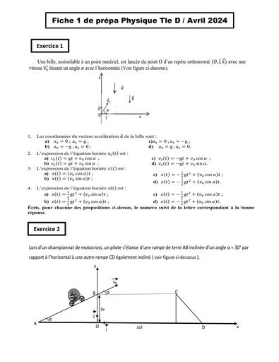 Fiche 1 prépa Physique Tle D 2024 by Tehua