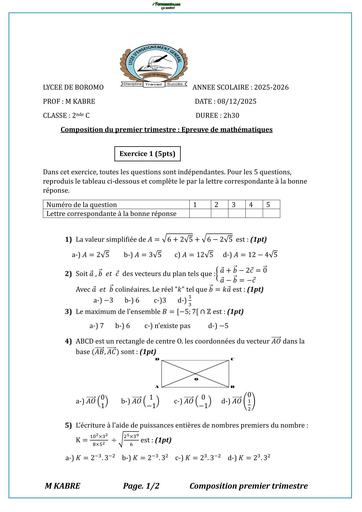 DEVOIR DE MATHS NIVEAU 2nde C LYCEE DE BOROMO 2026 BY TEHUA