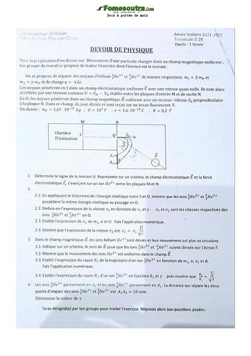 Sujet de Physique-Chimie Terminale D Lycée Classique Abidjan 2021-2022