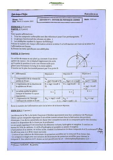 Sujets de Physique-Chimie Terminale C Lycée Classique 2022-2023