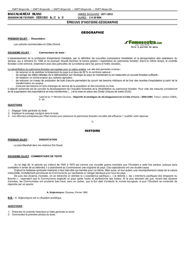 Sujet d'Histoire et Geographie BAC blanc 2012 (2) Lycée Garçons de Bingerville