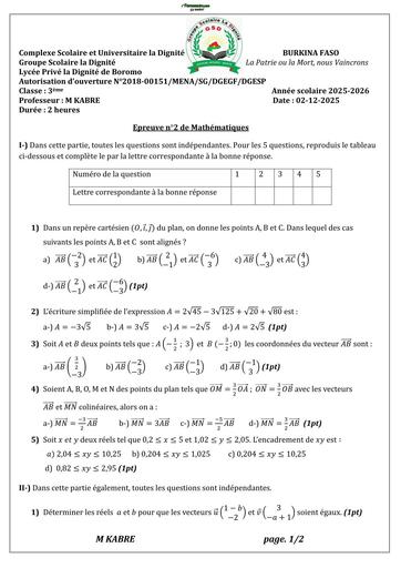 DEVOIR DE maths NIVEAU 3ième LYCEE DE BOROMO 2022 BY TEHUA