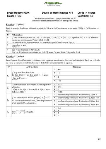 Devoir de Mathématique Lycée Moderne GOK Terminale D