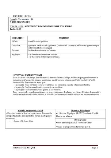FICHE DE COURS PHYSIQUE Tle D L2 CENTRE D'INERTIE