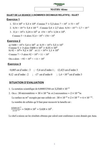 COURS DE VACANCES MATHS 4ième CORRIGE SUJET 3 (NOMBRES DECIMAUX RELATIFS) by TEHUA