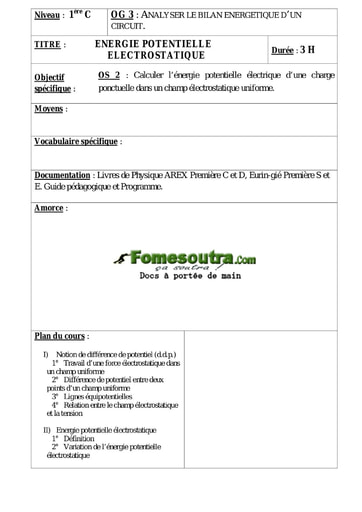 Energie potentielle électrostatique - Physiques 1ere C et D