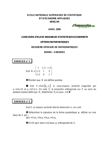 Sujet 2ème épreuve de maths ISE option maths 1998 (ENSEA - ENSAE - ISSEA)