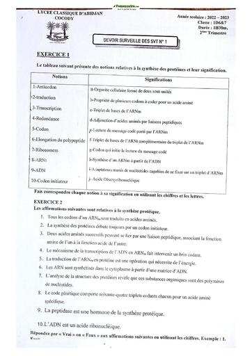 Sujet de SVT niveau Première D Lycée Classique Abidjan 22-23