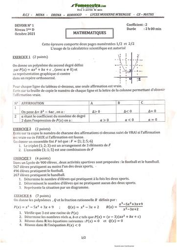 Devoir de Mathématiques niveau 1ère D Lycée Moderne M'BENGUE - Année scolaire 2021-2022