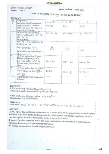 Sujets de mathématiques Première C Lycée Classique Abidjan 2022-2023