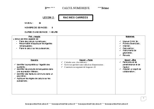 Fiche de cours Maths 3ième Leçon 2 Racines Carrées by TEHUA