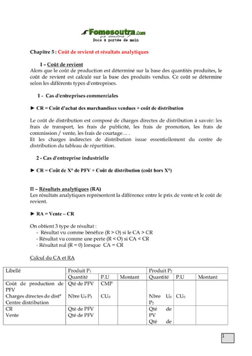 Coût de revient et résultats analytiques - Comptabilité analytique 2ème année