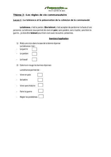 La tolérance et la préservation de la cohésion de la communauté - EDHC CE1