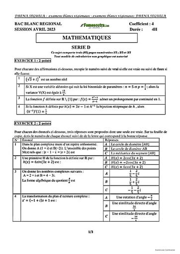 SUJET ET CORRIGE BAC BLANC 2023 MATHEMATIQUES SERIE D REGIONAL DE SEGUELA COTE D'IVOIRE