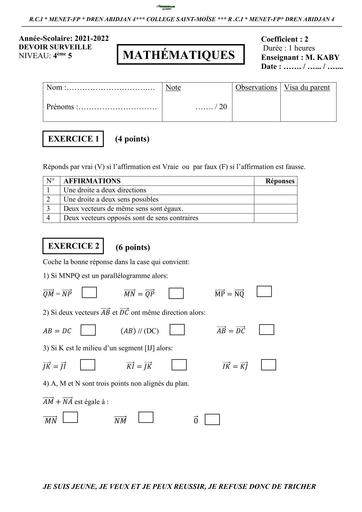 DEVOIR DE MATHS NIVEAU 4ième VECTEUR BY TEHUA