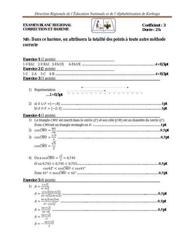 CORRECTION ET BAREME Maths BEPC regional Korhogo 2024 by Tehua