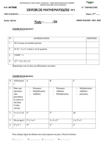 DEVOIR DE MATHS NIVEAU 5ième GS SAINTE ISABELLE 2022 BY TEHUA