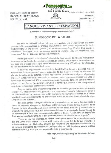 Sujet d'Espagnol BAC blanc série A1 et A2 2012 Lycée Sainte Marie de Cocody