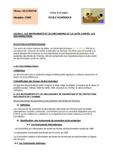 EDHC 4ème L 3 LES INSTRUMENTS ET LES MÉCANISMES ET LA LUTTE CONTRE LES DISCRIMINATIONS