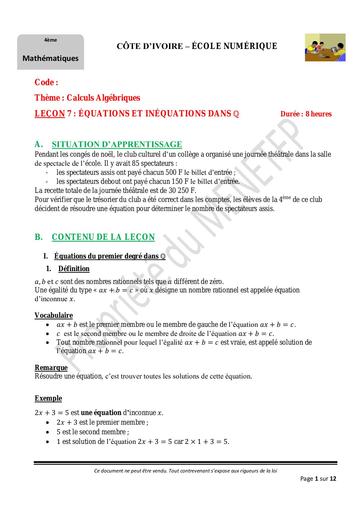 4e Maths leçon 7 Equations Inequations