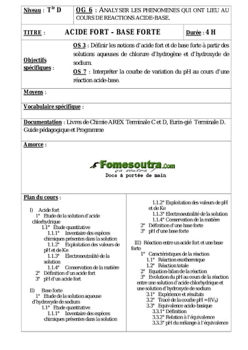 Acide fort - Base forte - Cours Chimie Terminale D