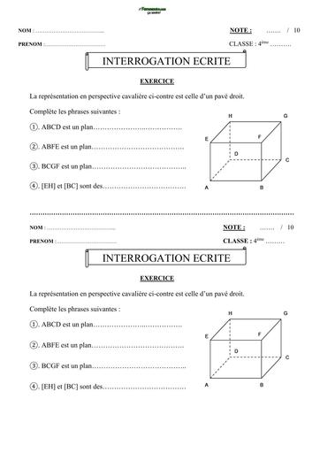 Interrogation écrite N°2 Maths Niveau 4ème perspective cavalière By Tehua