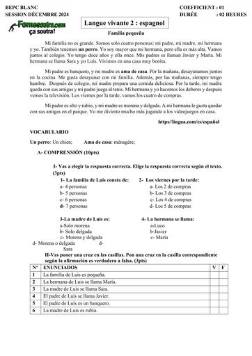 DEVOIR D'ESPAGNOL NIVEAU 3ième FAMILIA PEQUENA BY TEHUA
