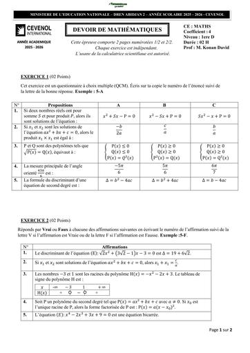 DEVOIR DE MATHS NIVEAU 1ière D CEVEROL INTERNATIONAL 2026 BY TEHUA