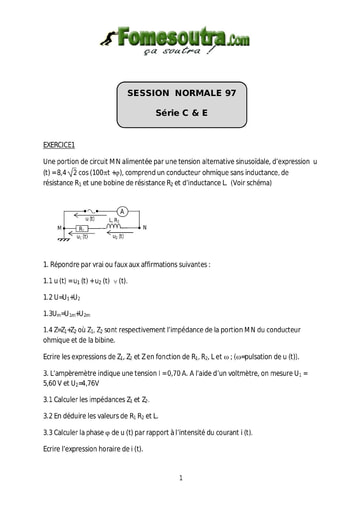 Sujet de Physique-Chimie BAC C et E 1997